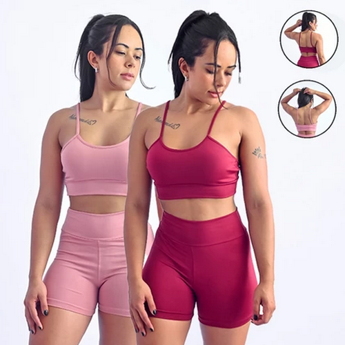 Kit de conjuntos fitness com top e shorts ou legging em suplex, com cós duplo.