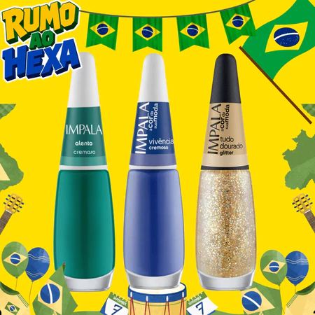 Kit Esmaltes Impala Verde Azul Amarelo Tudo Dourado Hexa Brasil Copa do Mundo Seleção Futebol
