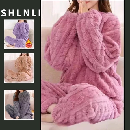 2 Peças/1 Conjunto Outono Inverno Solto Doce Casual Pijamas Feminino Grosso Lã Manga Longa Topo Casa Cintura Elástica