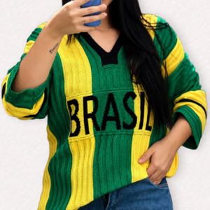 Camisa Feminina Tricot Brasil Listrada Decote V Roupa Feminina Brazilcore Seleção Moda Copa