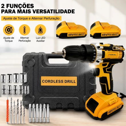Parafusadeira Furadeira 48V Íon-Lítio Sem Fio, 2 Baterias, Maleta Resistente e Kit Completo de Acessórios